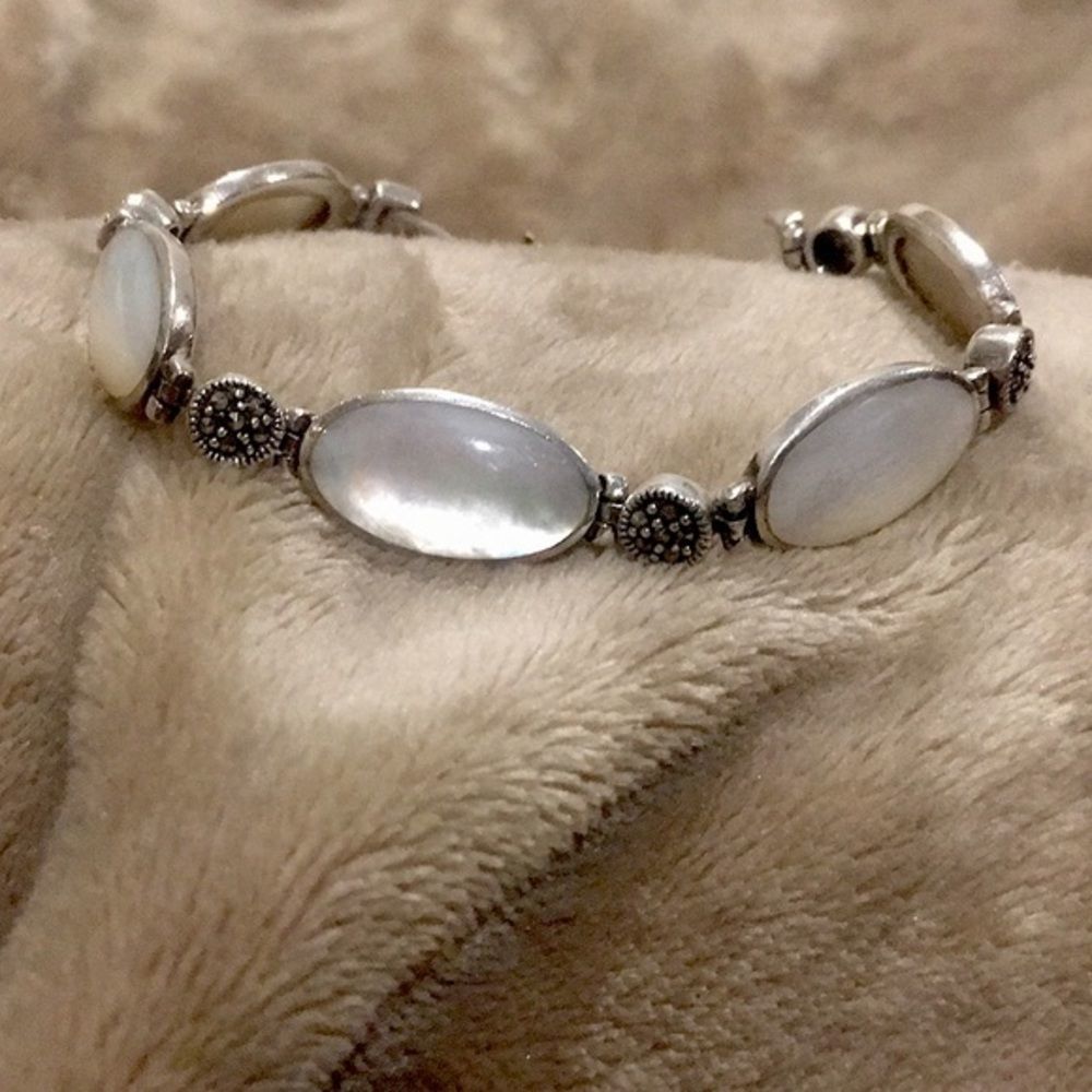 Mother of Pearl Cabochon Marcasite Accent Sterling Silver Link Bracelet
